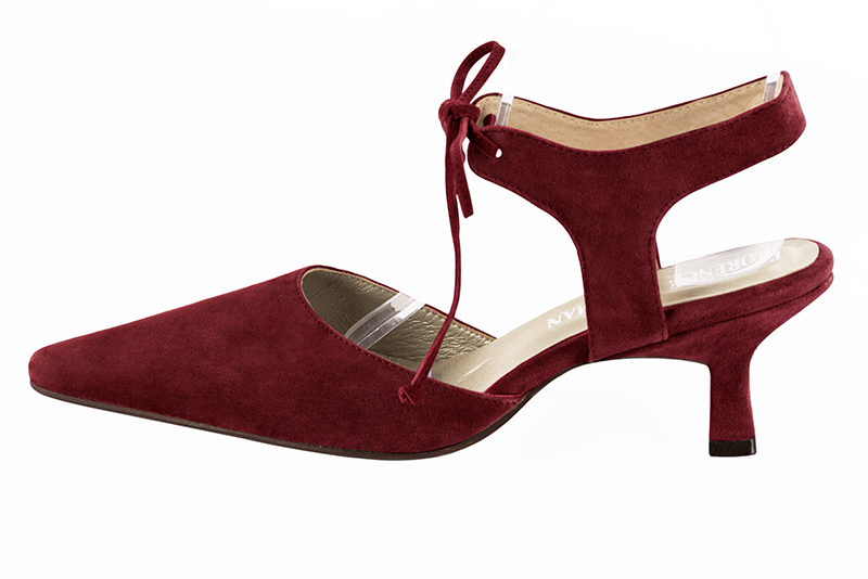 Burgundy red women's open back shoes, with an instep strap. Tapered toe. Medium spool heels. Profile view - Florence KOOIJMAN